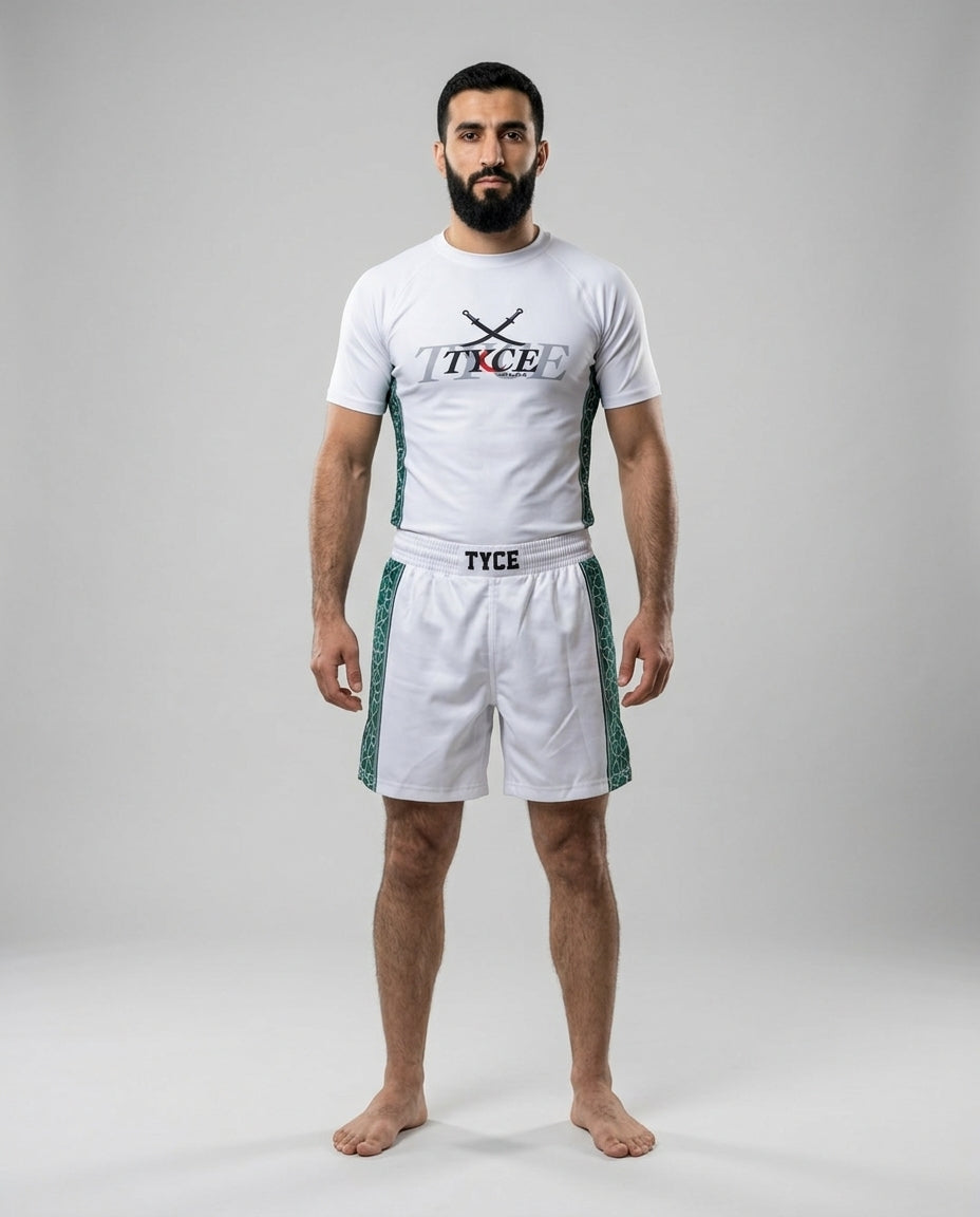 Ensemble TYCE 7 Guerriers Salah ad-Din Saladin - rashguard et short blancs a motif vert - vue de face